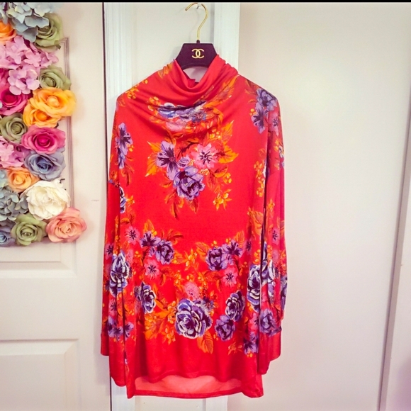 Free People Dress Floral Cocktail Party Oversized Loose Boho Red Mini SMALL Sexy - Picture 2 of 11
